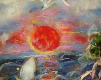 The picture is made of wool. Painting fur. Picture in a frame of wood. Wool 100%. Sunset on the sea. Original painting fur. 50 х 35 sm