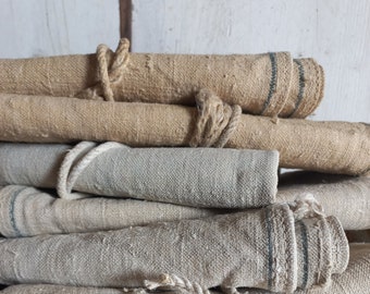 Antique lot 1930 blue stripe hemp grain sack Shabby chic decor Natural textiles Upcycled Fiber art Sewing project Cottage Rustic pillow