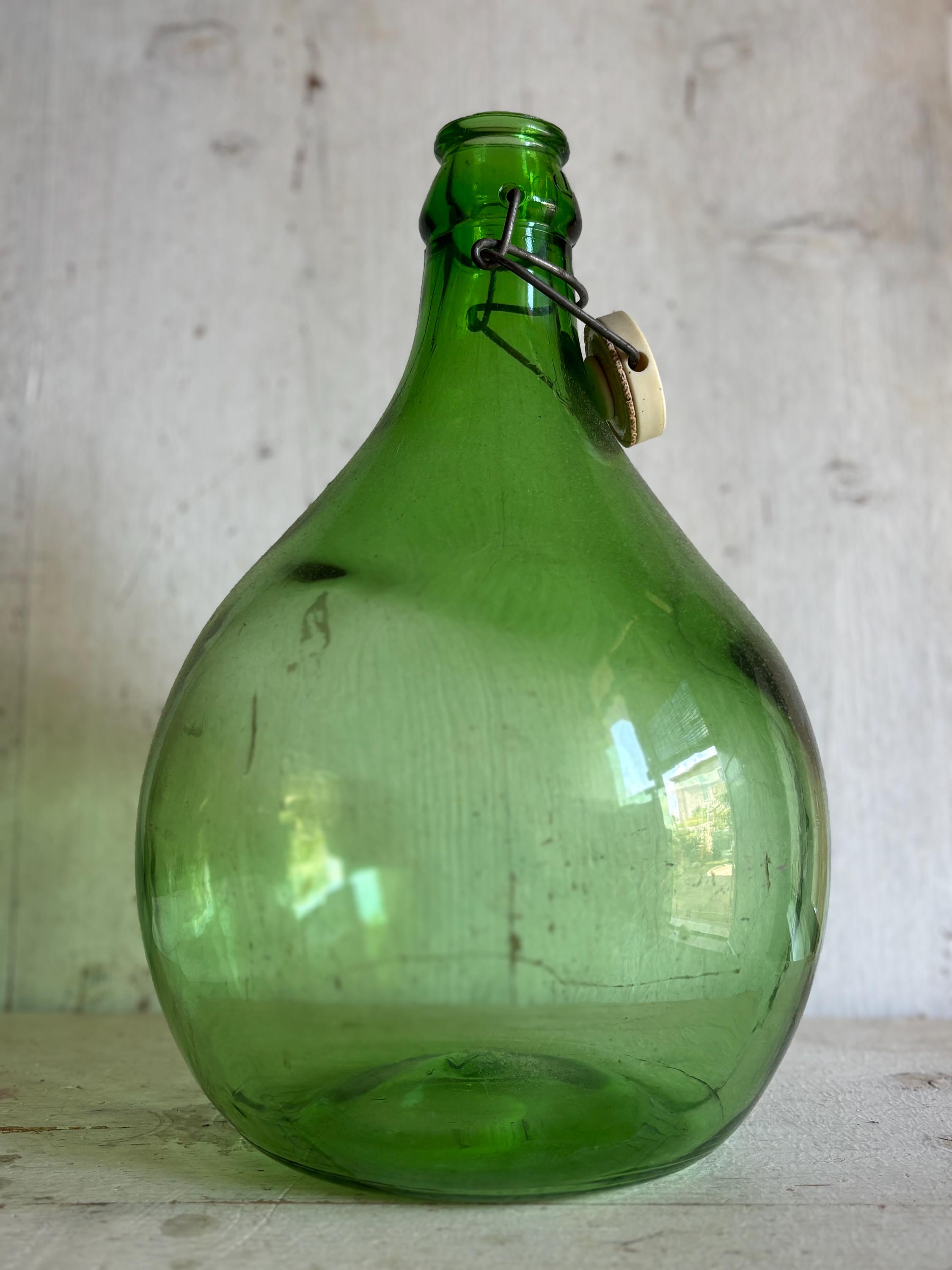 Rare Dame Jeanne En Verre – Teinte Vert Bleuté, Vase Décoratif Vintage