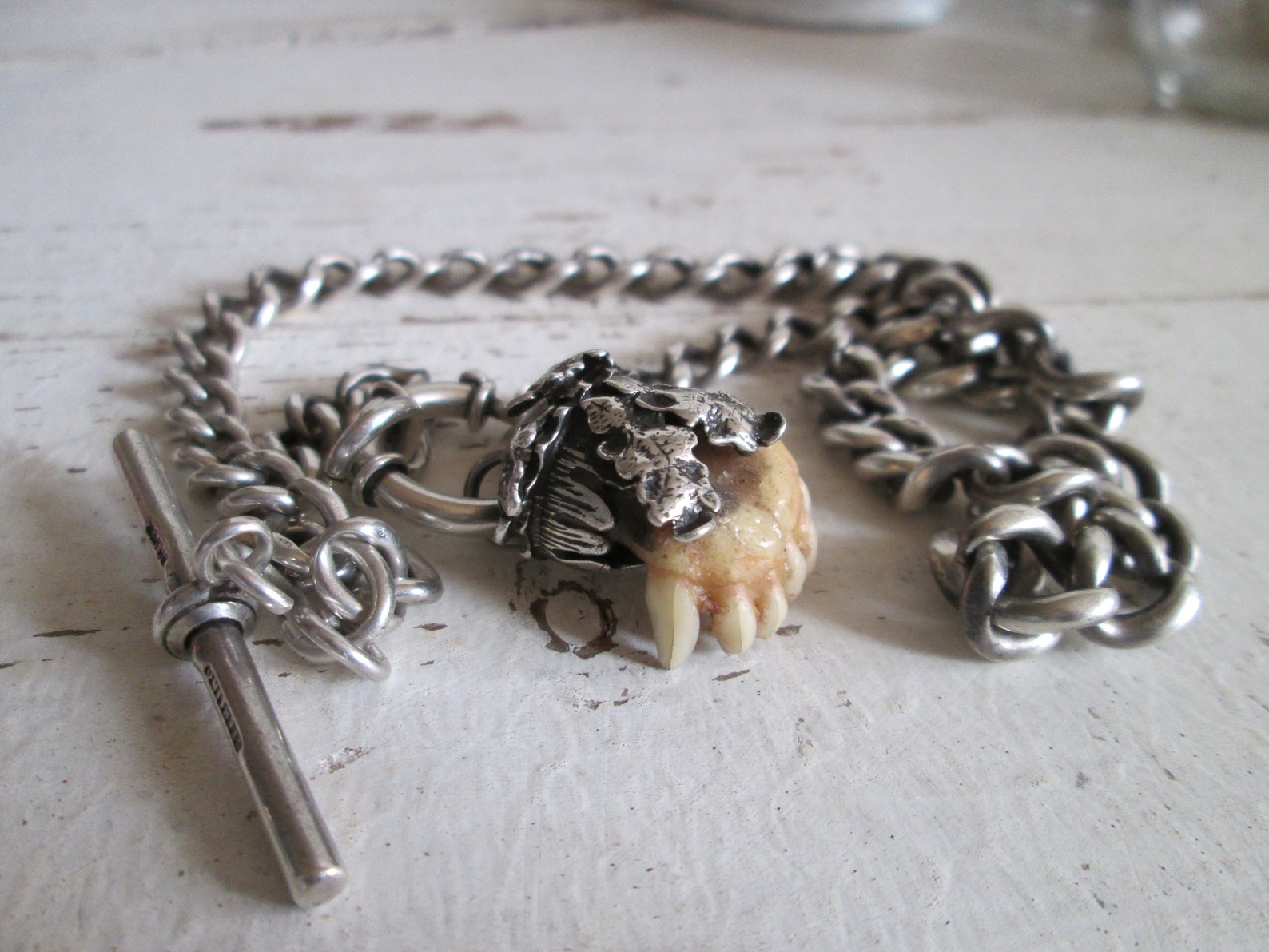 Antique Amazing Albert pocket watch chain Lion passant Sterling silver Necklace Stunning Silover Bavarian Charivari Fox jaw amulet pendant