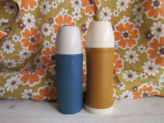 Vintage 1970 Mustard or Baby Blue Thermos Hot Drink Bottles -  Hong Kong