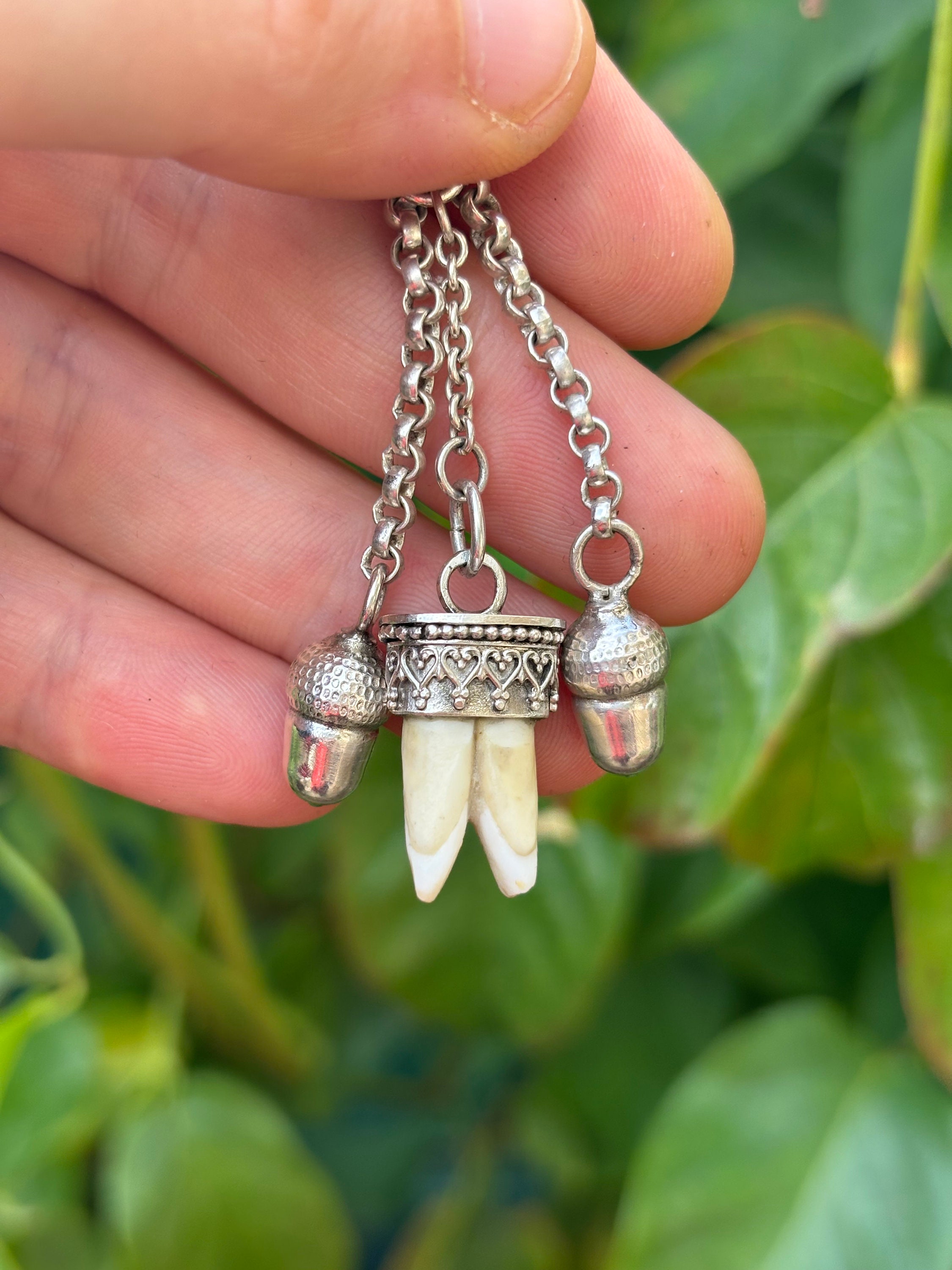 Vintage Tooth Charivari Pendant, Acorns Charms, Oktoberfest