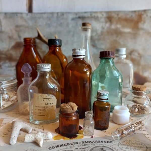 Vintage 7 medicine glass bottles Farmhouse aged weathered patina glass bottles Curio Pharmacy bottles Industrial decoration distressed glass