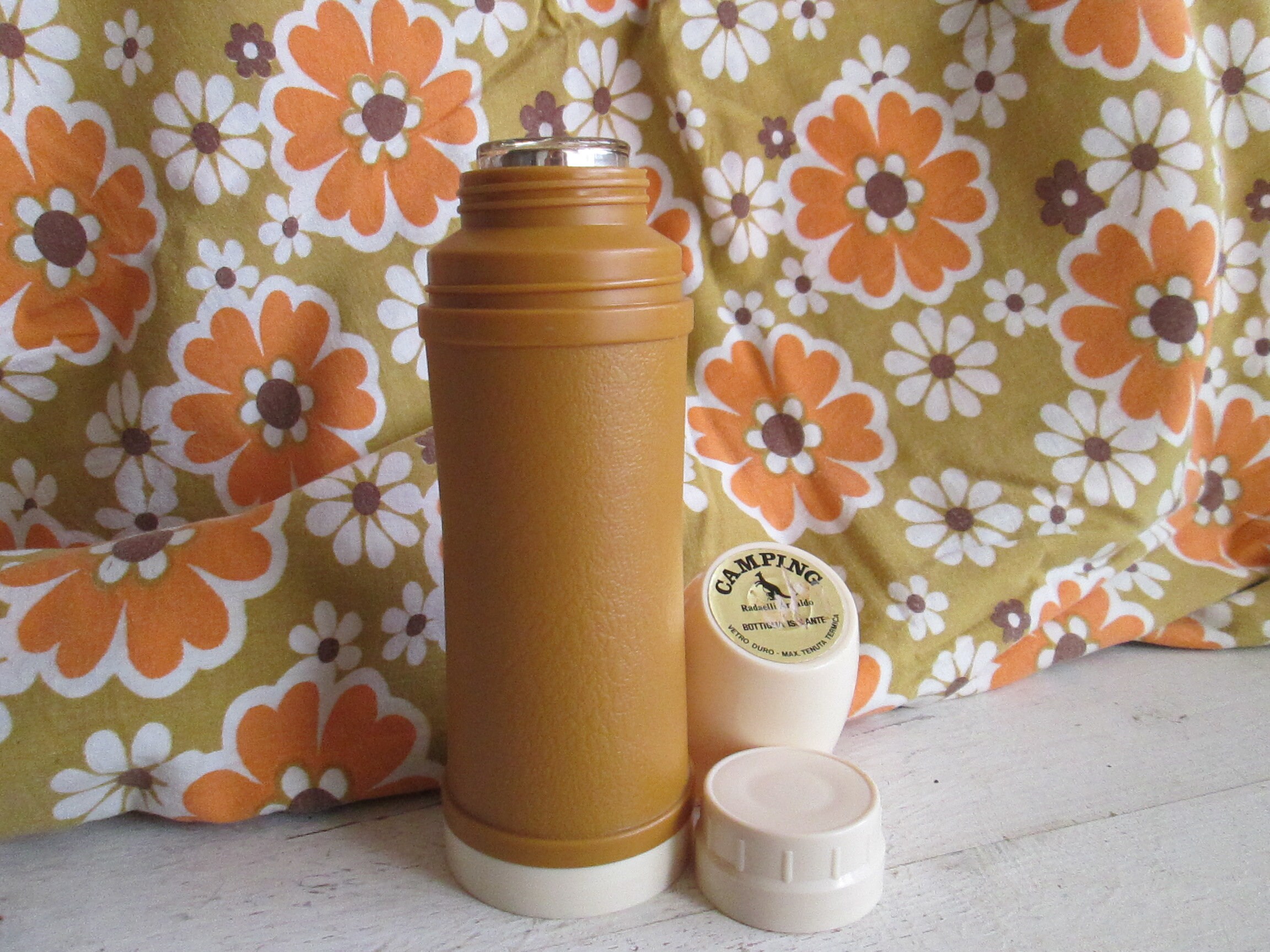 Vintage 1970 Mustard or Baby Blue Thermos Hot Drink Bottles -  Hong Kong