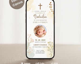 Peut inclure: Une invitation numérique pour une cérémonie de dédicace de bébé. L'invitation présente un arrière-plan aquarelle avec une croix, des fleurs et une photo d'un bébé. Le texte indique "Veuillez nous rejoindre pour célébrer la Dédicace de notre fille Emily O'Brien. 10.20.2024 Dimanche à 10h00 Liberty Church 123 Your Street, Your City RSVP à Reese au 000-000-0000 ou à l'adresse e-mail."
