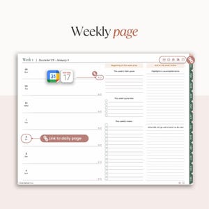 May include: A weekly planner page with the text "Weekly page" at the top. The page is white with sections for daily tasks, goals, and notes. The date is December 29 - January 4. A calendar icon shows Monday, December 31.