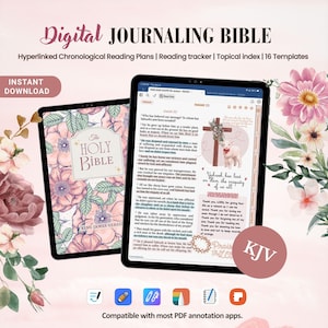May include: Digital journaling Bible displayed on two tablets. One shows a floral cover with "The Holy Bible". The other displays a page with text and a cross illustration. Text includes "Instant Download" and "Compatible with most PDF annotation apps."