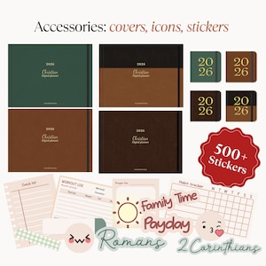 May include: An assortment of 2026 Christian digital planners and stickers. The planners come in various colors, including green, black, and brown. The image also features stickers with the text "500+ Stickers" and other decorative elements.