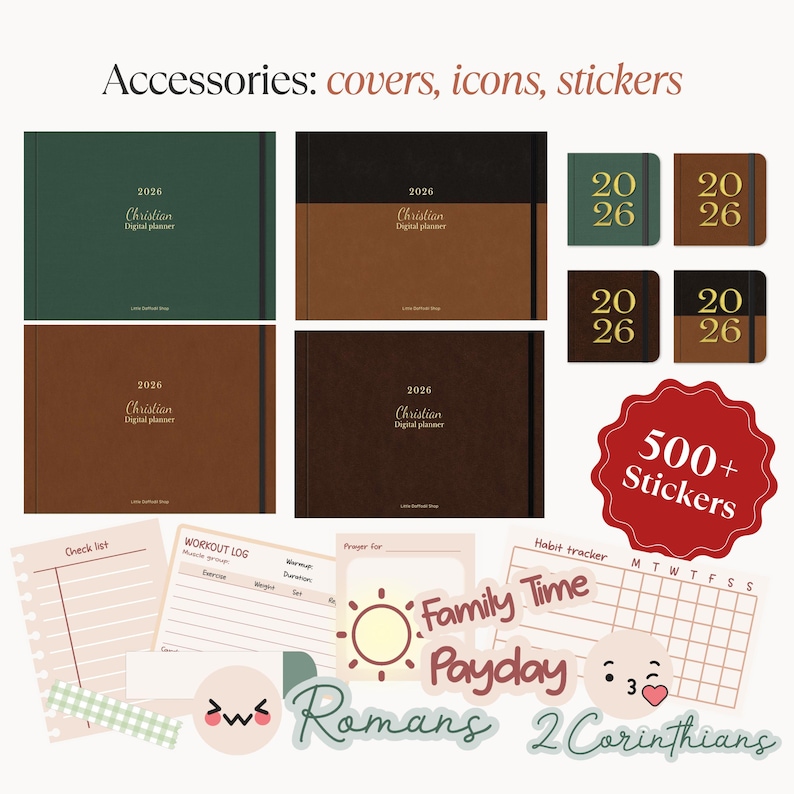 May include: An assortment of 2026 Christian digital planners and stickers. The planners come in various colors, including green, black, and brown. The image also features stickers with the text "500+ Stickers" and other decorative elements.