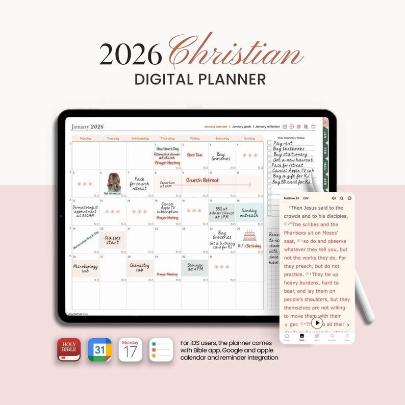 May include: A digital planner for 2026 with a Christian theme, displayed on a tablet. The calendar shows the month of January with various appointments and reminders. The text "2026 Christian Digital Planner" is at the top.