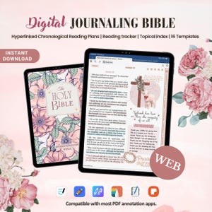 Peut inclure: Bible de journalisation numérique affichée sur deux tablettes. L'une montre la couverture avec un motif floral et le texte "The Holy Bible". L'autre affiche des versets bibliques avec une croix et une illustration d'agneau. Inclut "Téléchargement instantané".
