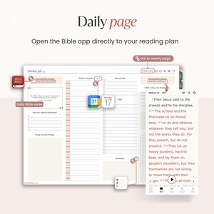 May include: A digital planner page with the text "Daily page" and "Open the Bible app directly to your reading plan." The planner includes sections for daily schedules, top priorities, and Bible verses. A digital calendar shows the date.