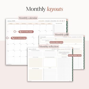 May include: A digital planner with a monthly calendar, goals, and reflection pages. The planner includes sections for tasks, goals, and a Bible verse. The text "Monthly layouts" and "January 2026" are visible.