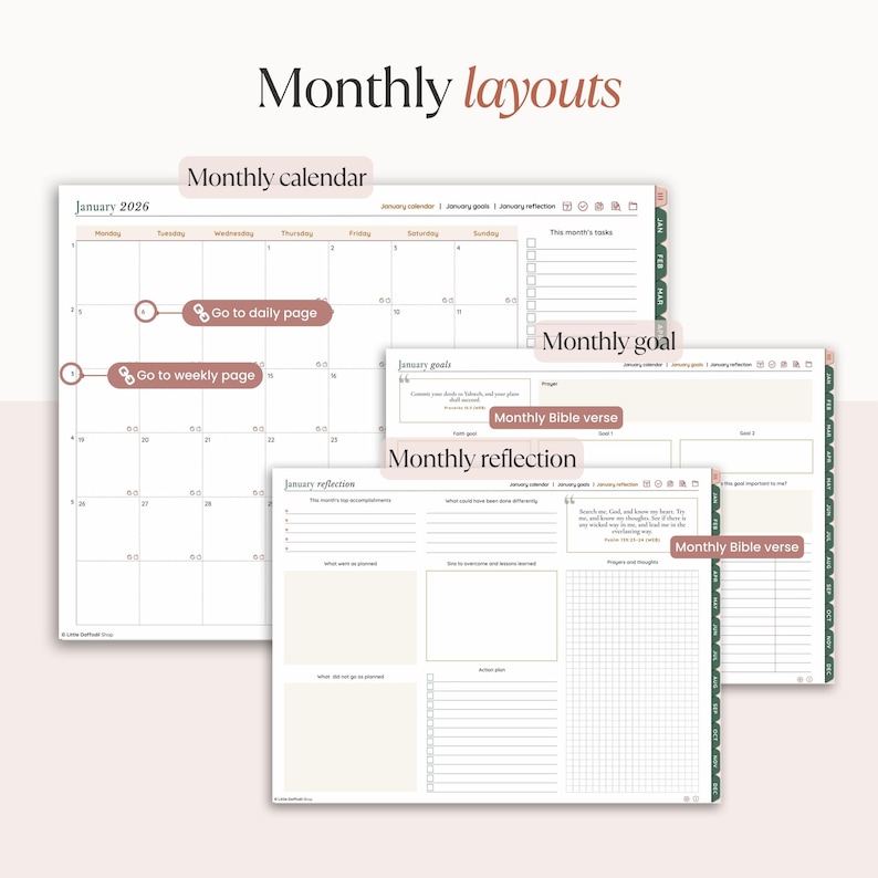 May include: A digital planner with a monthly calendar, goals, and reflection pages. The planner includes sections for tasks, goals, and a Bible verse. The text "Monthly layouts" and "January 2026" are visible.