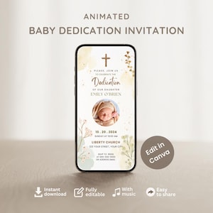 Digitale uitnodiging voor babytoewijding, met foto en audio | Doop | geanimeerde uitnodiging | Bewerkbare canva-sjabloon | Elektronisch toewijdingsfeestje