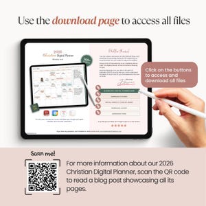 May include: A digital planner displayed on a tablet, featuring a calendar layout and the text "2026 Christian Digital Planner." The image includes a stylus, download buttons, and a QR code for more information. The text "Use the download page to access all files" is also visible.