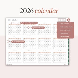 May include: A digital 2026 calendar with a light pink and white design. The calendar displays monthly layouts with dates and includes features like a Bible reading tracker, journal prompts, and a topical index. Text on the image reads "2026 calendar."