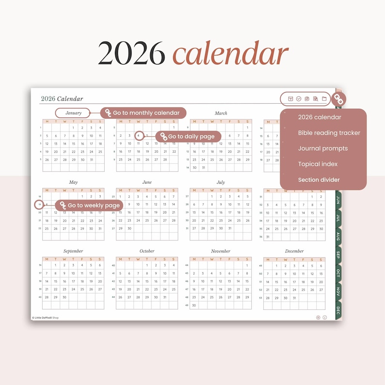 May include: A digital 2026 calendar with a light pink and white design. The calendar displays monthly layouts with dates and includes features like a Bible reading tracker, journal prompts, and a topical index. Text on the image reads "2026 calendar."
