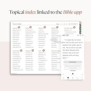 May include: A digital Bible app interface displays a topical index with categories like "Abortion" and "Baptism." The app's text includes "Topical index linked to the Bible app" and a Bible verse. The interface is on a white background.