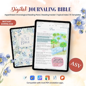 May include: A digital journaling Bible with a floral design on the cover. The Bible is open to Psalm 1, with text and illustrations. The text reads "Blessed is the man that walketh not in the counsel of the wicked, nor standeth in the way of sinners, nor sitteth in the seat of the scornful." The image also includes the text "Those who delight and meditate on the Scripture will be healthy Christians." The Bible is compatible with most PDF annotation apps.