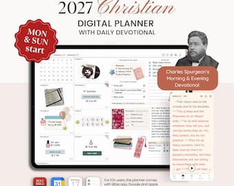 Könnte beinhalten: Ein digitaler christlicher Planer für 2027 mit täglicher Andacht, der ein wöchentliches Layout mit Symbolen, Text und einem Porträt von Charles Spurgeon zeigt. Die Benutzeroberfläche umfasst einen Kalender, eine Aufgabenliste und integrierte App-Symbole.