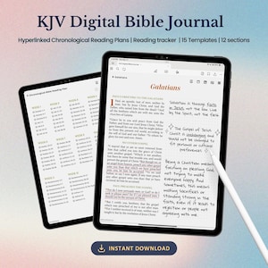 May include: A digital Bible journal with a blue and white cover. The journal includes hyperlinked chronological reading plans, a reading tracker, 15 templates, and 12 sections. The journal features a quote from Galatians 1:1-3, "Paul, an apostle (not of men, neither by man, but by Jesus Christ, and God the Father, who raised him from the dead) and all the brethren which are with me, unto the churches of Galatia."