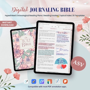 Op de afbeelding: Digitale journal-bijbel met een roze bloemenontwerp op de omslag. De bijbel is open op Filippenzen 4, met een handgeschreven notitie en een brein met een hartillustratie. De tekst "De Vrede van God" staat op de pagina. De bijbel is compatibel met de meeste PDF-annotatie-apps.
