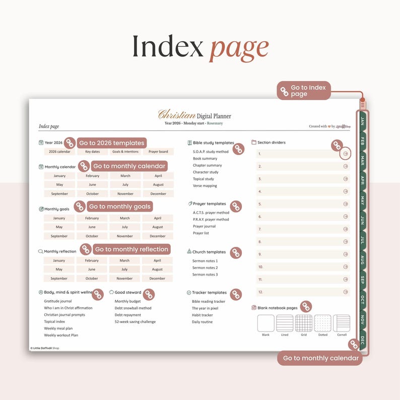 May include: Digital planner index page with a Christian theme. The page includes links to templates, calendars, goals, and reflections. The page has a light beige background with text in a dark brown color.