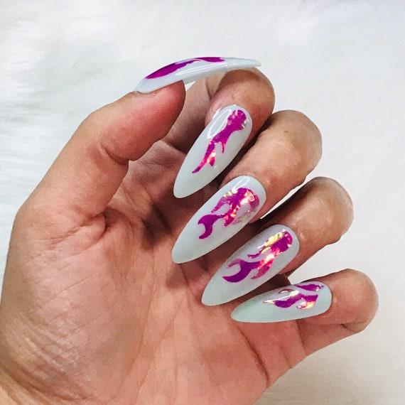 Incapsulated Flames Glow In The Dark Acrylic Nails Press On Flame Nails Full Cover