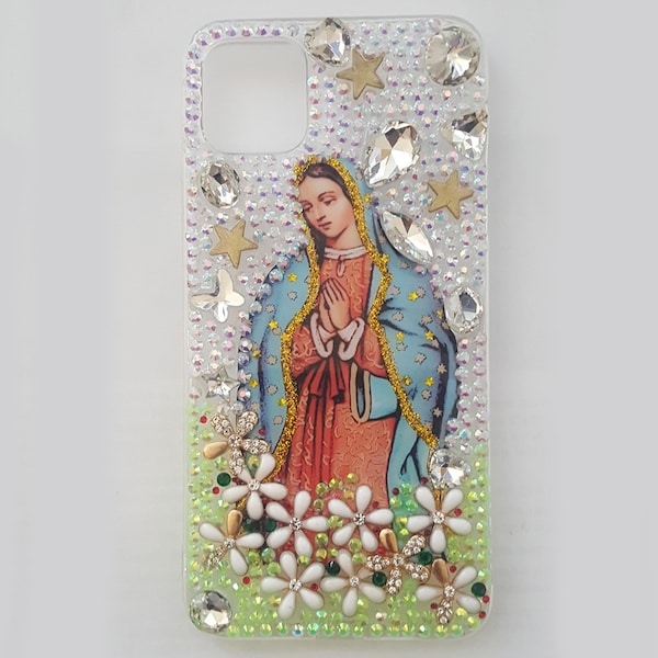 Señora de Guadalupe Flores Rhinestone Deco 3D iPhone 6/7/8+/Xs/Xr/ XsMax/ 11/12/13/14/15 Pro Max Funda para teléfono