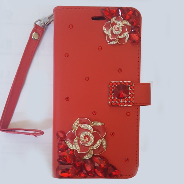 Rhinestone Bling 3D Deco Customized Flower Red Wristlet Phone Case Wallet iPhone 7/8/Plus/Xs/Xr/Xs Max/11/12/13/14/15 Pro Max