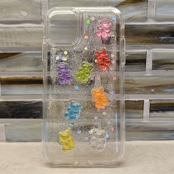 Kawaii Gummy bear 3D Resin Glitter Double Layered Durable Protective Cover  iPhone  11/13/14/15 Plus Pro Max Phone Case