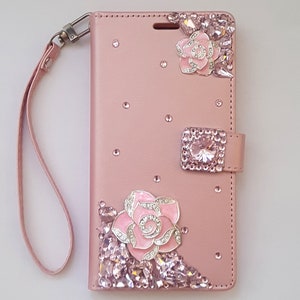 Rhinestone Bling 3D Deco Customized Rose Gold Wristlet Phone Case Wallet iPhone 7/8/Plus/Xs/Xr/Xs Max/11/12/13/14/15 Pro Max