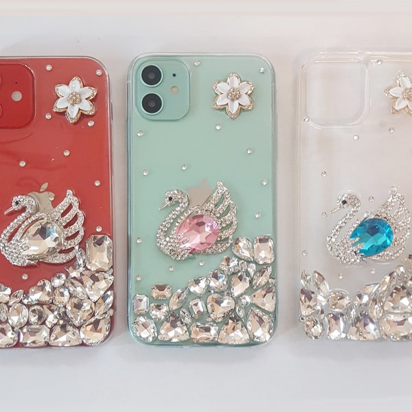 Rhinestone Bling 3D Deco Customized Flower Swan Handmade iPhone  6/7/8/ Plus X/Xs Xr XsMax 11/12/13/14/15 Pro Max Phone Case