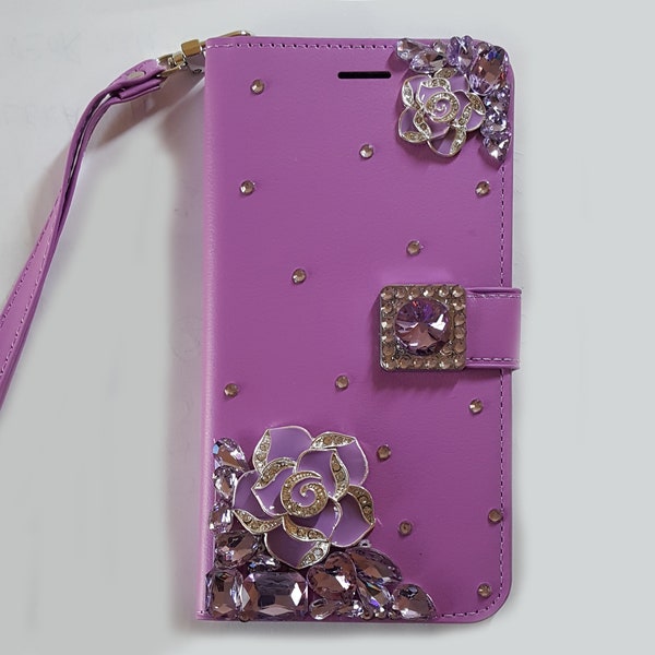 Rhinestone Bling 3D Deco Customized Purple Rose iPhone 7/8/ Plus Xs/XR Xs Max 11/12/13/14/15 Pro Max Mini  Wallet Wristlet Phone Case