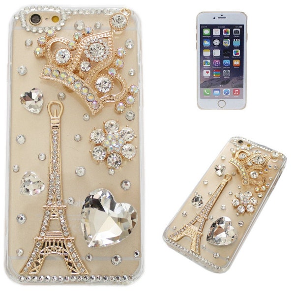 Rhinestone Bling 3D Deco Customized Crown Eiffel Tower Handmade iPhone 6/7/8/ Plus 11/12/13/14/15 Pro Max Mini X/XR/Xs Max Phone Case Cover