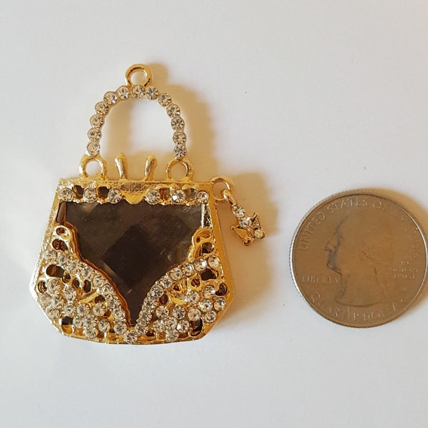 Rhinestone Gem Purse Handbag Gold Bling Gorgeous Luxury Sparkling Cabochon DIY Deco  1 pc  35mm X 48mm