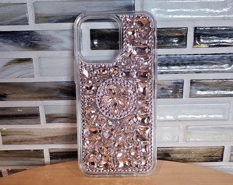 Rhinestone Pink Glass Bling with Phone Grip Double Layered Durable Phone Case Cover  iPhone 6/7/8/ Plus/ Xs Max /11/12/13/14/15 Pro Max