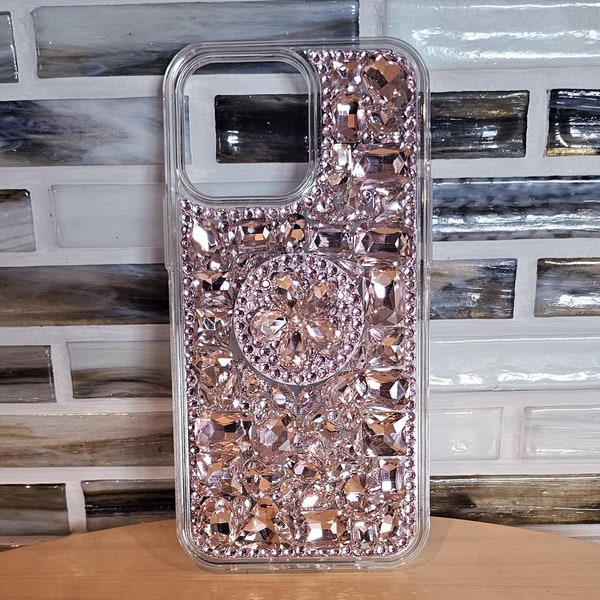 Rhinestone Pink Glass Bling with Phone Grip Double Layered Durable Phone Case Cover  iPhone 6/7/8/ Plus/ Xs Max /11/12/13/14/15 Pro Max