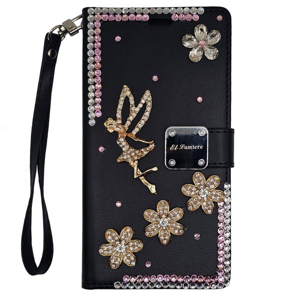 Fairy Flower Rhinestone Black Wristlet Wallet Phone Case iPhone 7/8 Plus Xs/XR Xs Max 11/12/13/14/15 Pro Max Mini