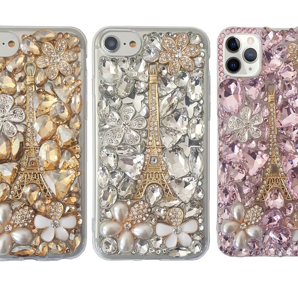 Rhinestone Bling 3D Deco Customized Eiffel Tower Flowers Handmade iPhone  6/7/8/ Plus X/Xs Xr Xs Max 11/12/13/14/15 Pro Max Case