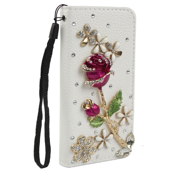 Rhinestone Bling 3D Deco Customized Fuchsia Rose Handmade Samsung Galaxy S5/S6/S7/S8/S9  Phone Wallet Wristlet Case