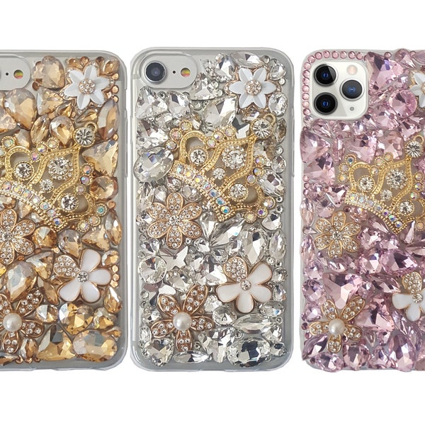 Rhinestone Bling 3D Deco Customized Flower Crown Handmade iPhone  6/7/8/ Plus X/Xs Xr XsMax 11/12/13/14/15 Pro Max Phone Case