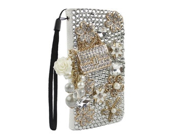Rhinestone Bling 3D Deco Customized Pearl Charm Handmade Samsung Galaxy S5/S6/S7/S8/S9  Phone Wallet Wristlet Case