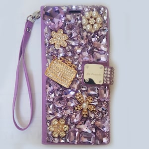 Rhinestone Bling 3D Deco Purse Flowers Customized Purple Wallet Wristlet Phone Case iPhone 7/8 Plus Xs/Xr/Xs Max  11/12/13/14/15 Pro Max