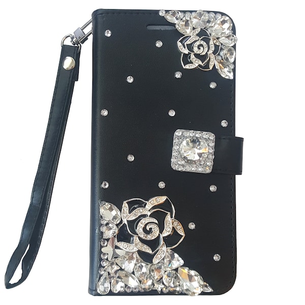 Rhinestone Bling 3D Deco Customized Black Rose iPhone 7/8/Xs/XR Xs Max 11/12/13/14/15 Pro Max Mini Wallet Wristlet Phone Case