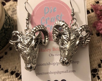 goat dangly earrings goth alternative silver statement jewelry