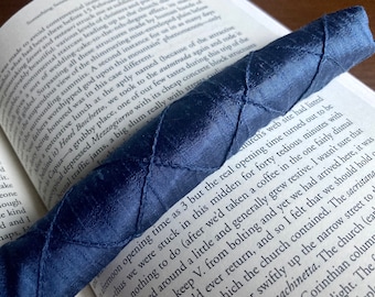 Dark blue pin tucked silk fabric Bookworm, Book Weight, Book snake, Page holder, lavender scented