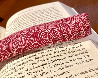 Red swirl print cotton fabric. Lavender Scented Bookworm, book weights, page holder,