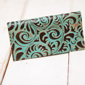 turquoise leather checkbook cover for women, mom birthday gift from daughter, 3rd anniversary leather gift for her, brown leather check book
